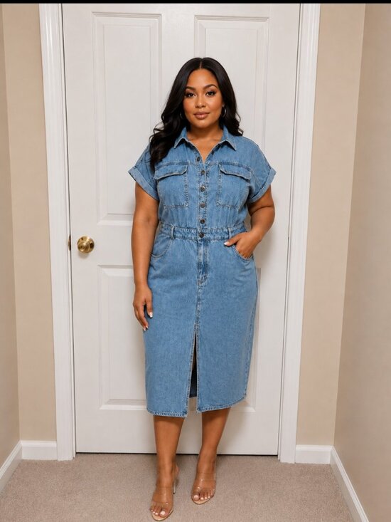 Given Kale Dresses & Skirts - Given Kale Denim Shirt Dress Blue button Front Midi Dress Size Large 100% Cotton